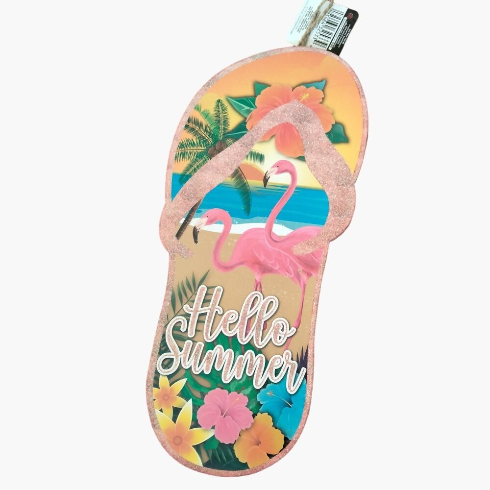 Flip Flop Hello Summer Sign Tropical Flamingos Luau Beach Patio Pool Tiki - Picture 7 of 7
